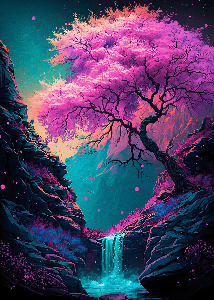 Pink tree and small waterf
