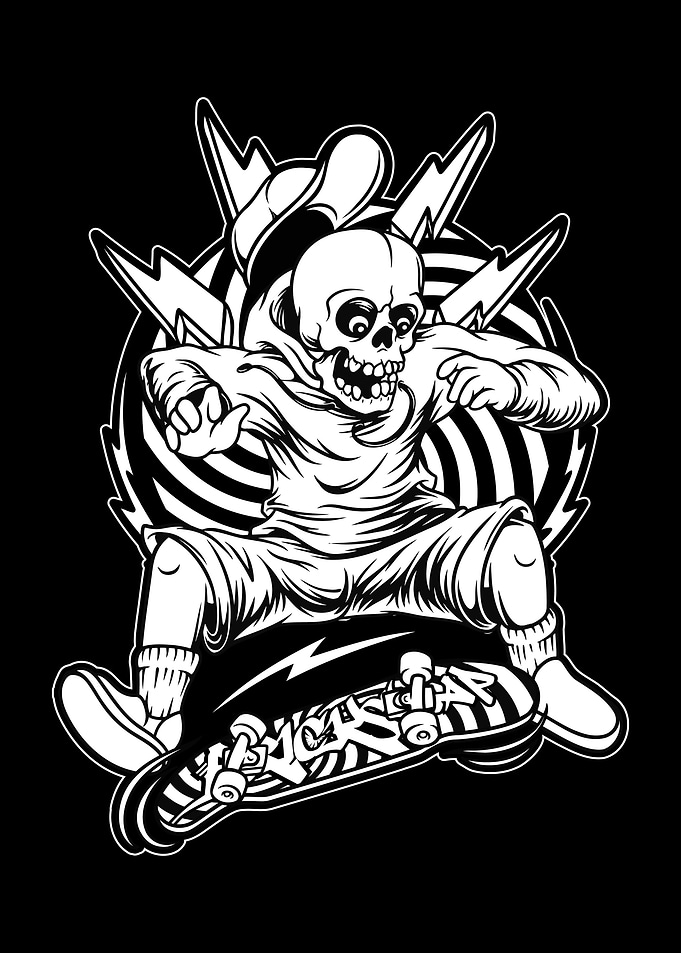 Skateboarding Skull BnW