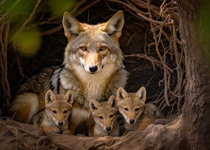 Coyote With Pups