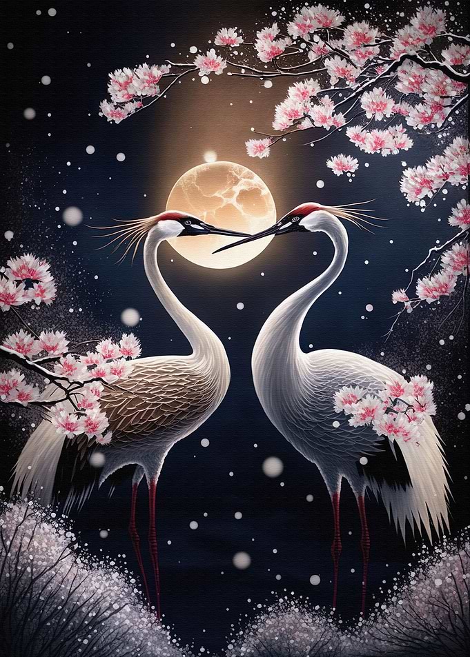 Two cranes night moon