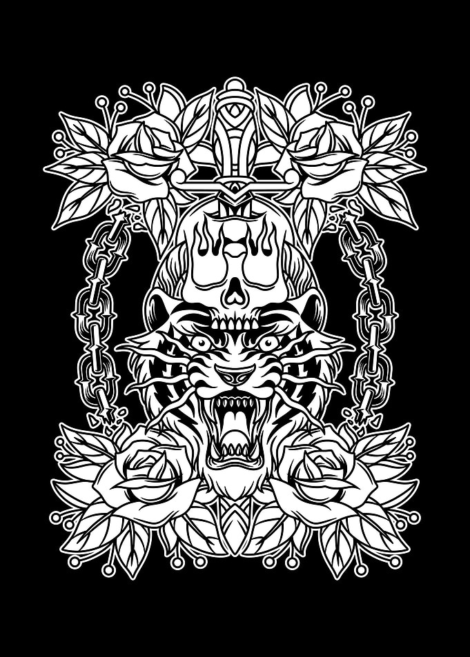 Tiger Head Skull BnW