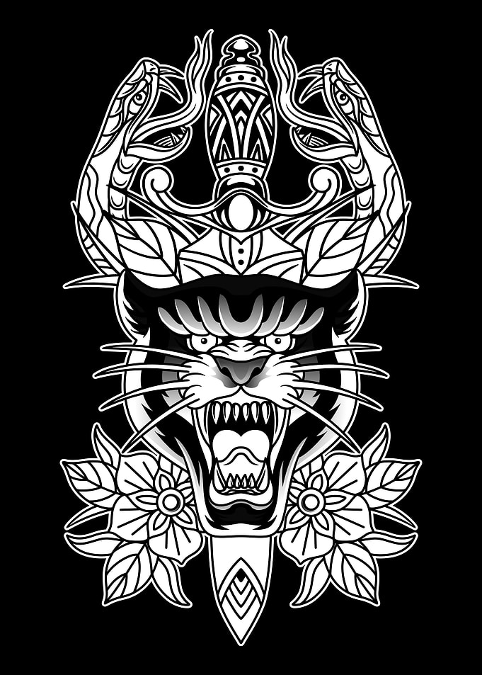 Dagger Pantera Tattoo BnW