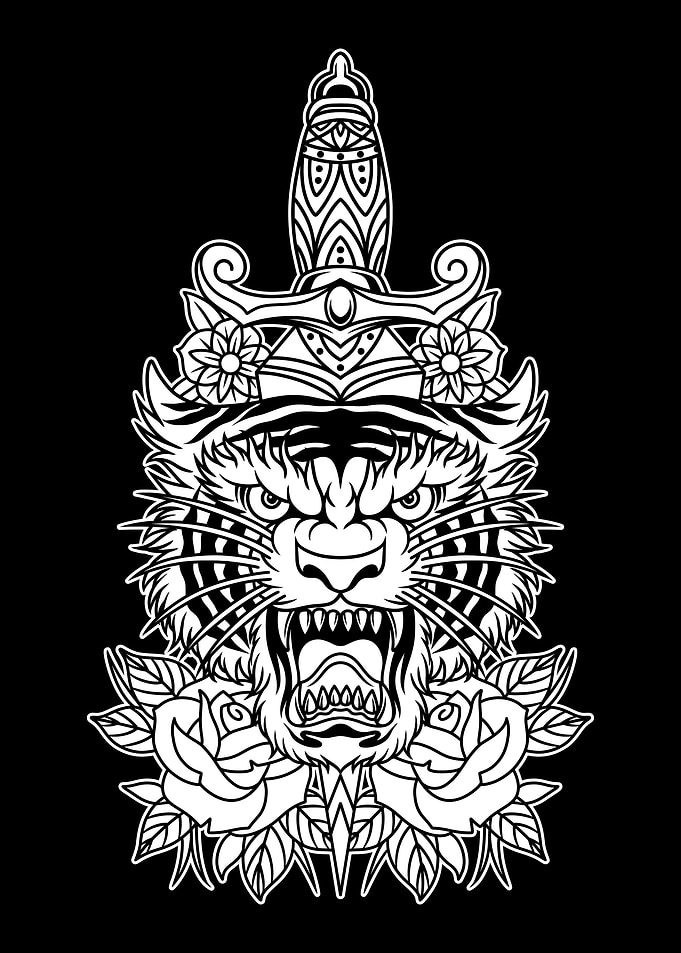 Dagger Tiger Tattoo BnW