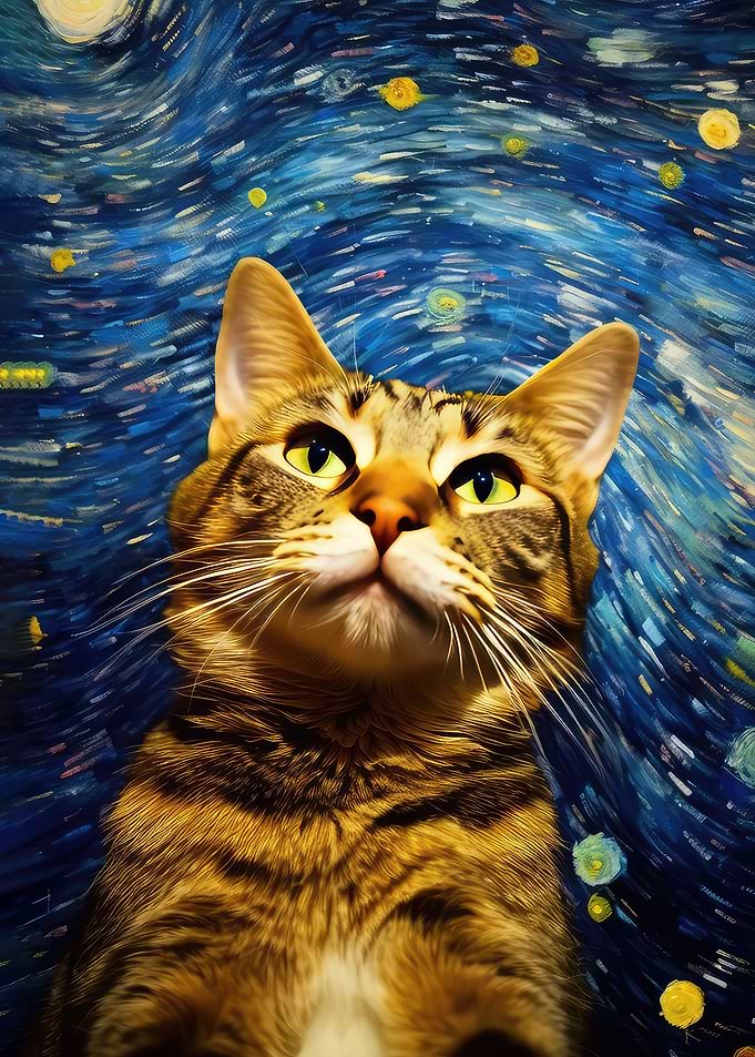 cat starry night painting