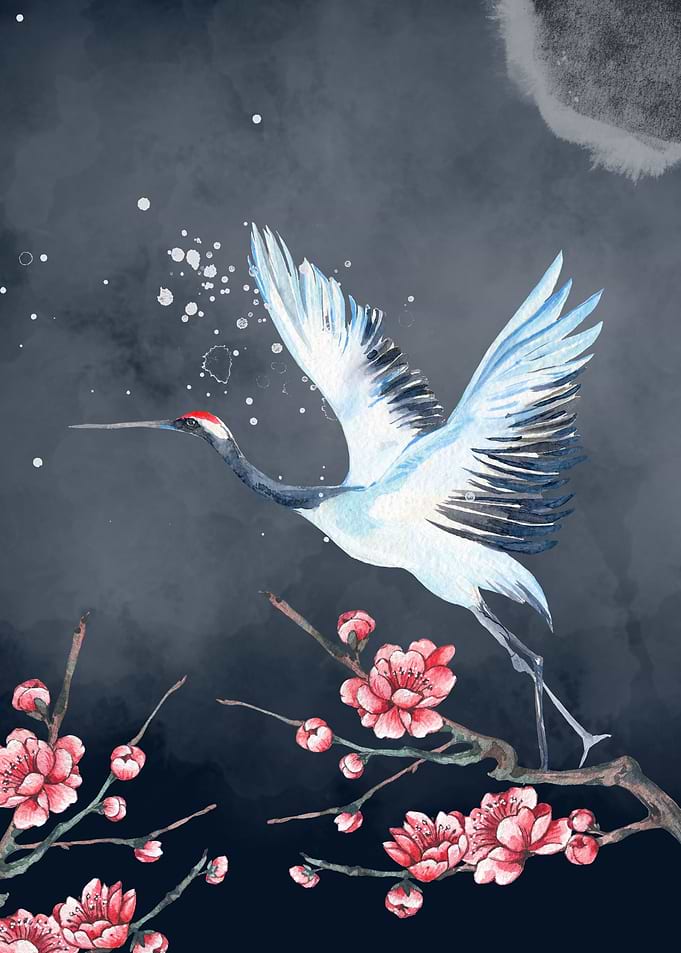 Crane And Pink Flowers