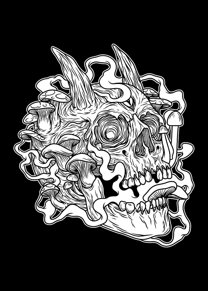 Mushroom Evil Skull BnW
