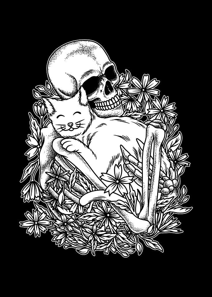 Skeleton Hug Cat BnW