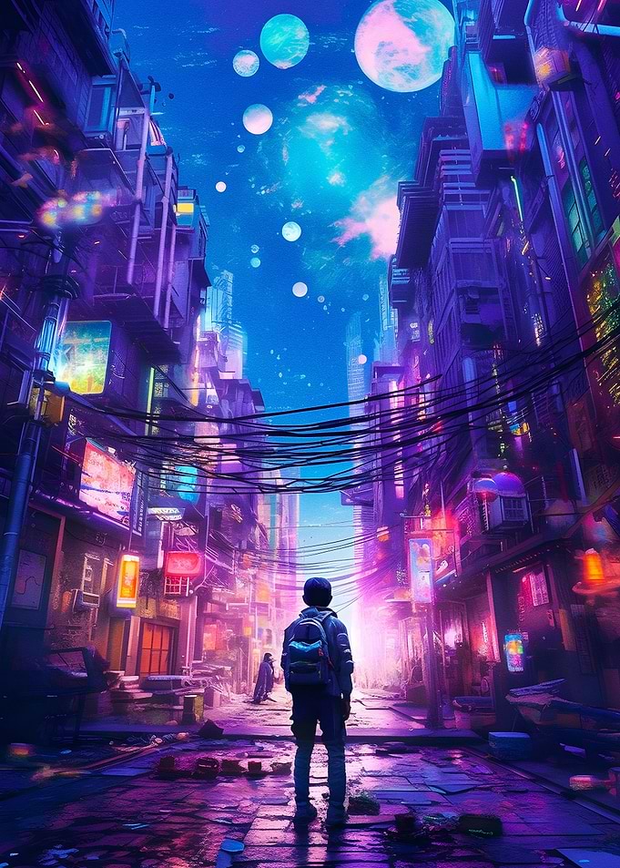 A boy walking city night