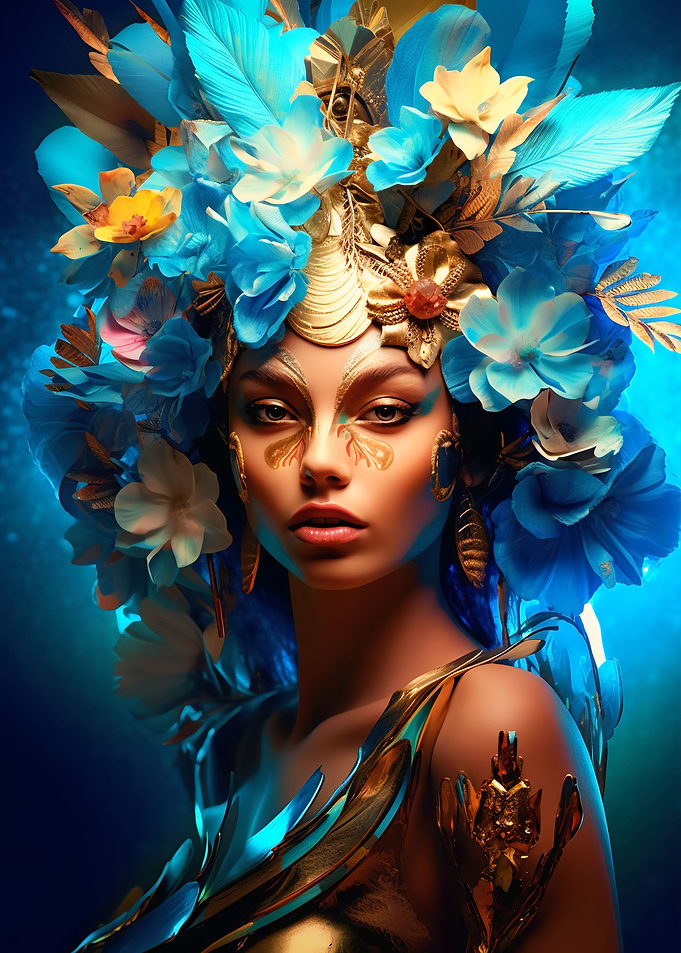 a woman with blue flowers