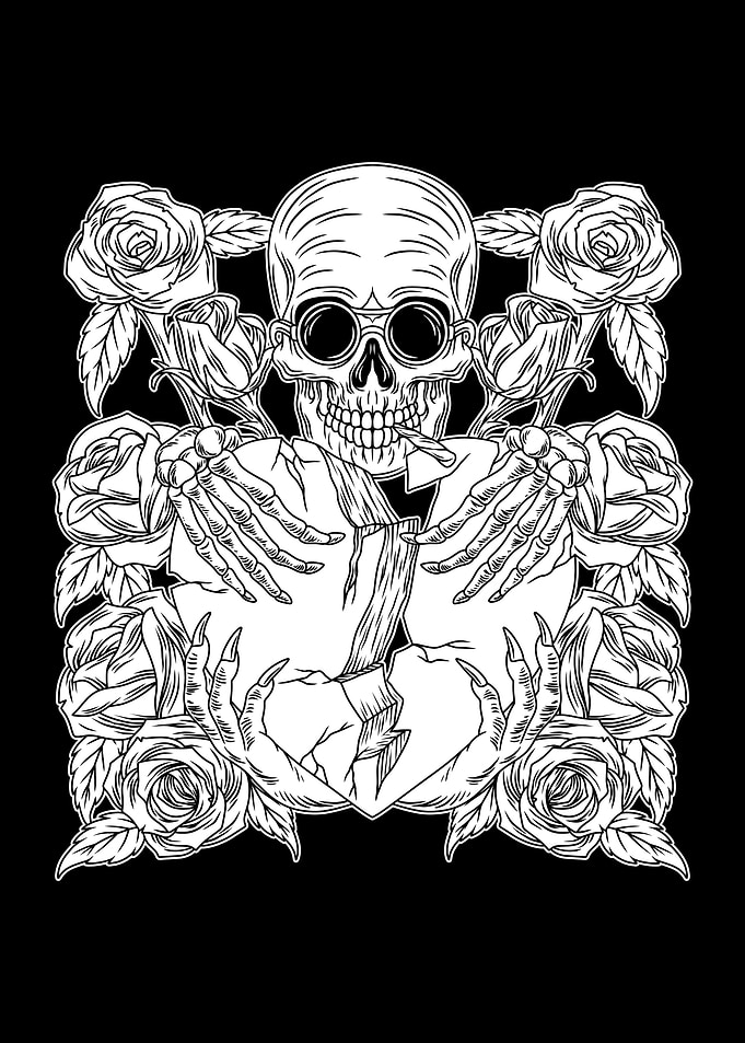 Skull Heart Flower BnW