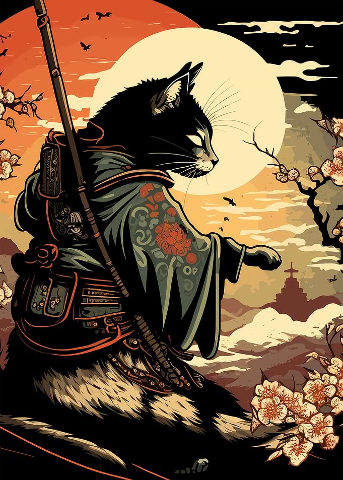 Ukiyo e Japanese Ninja Cat