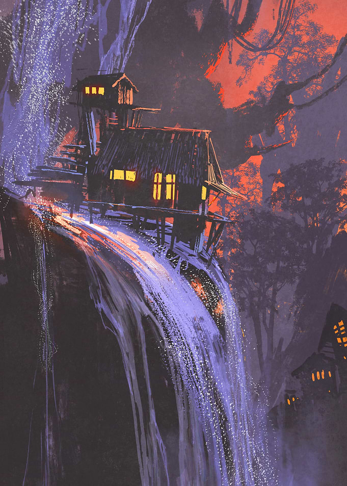 Waterfall house at sunset