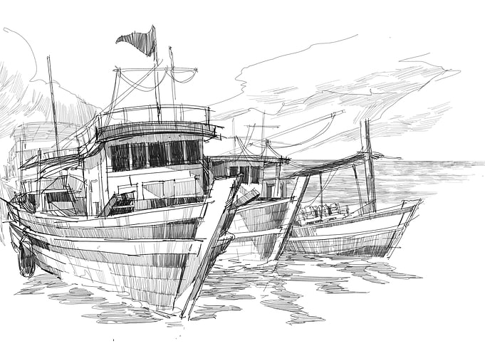 sketch boats in a harbor