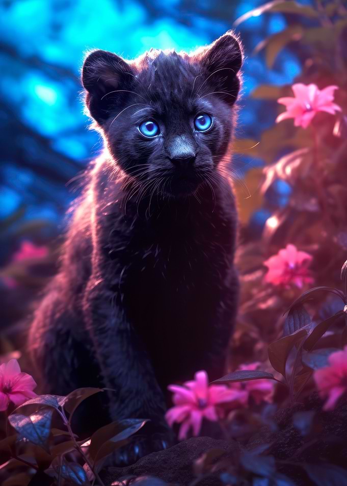 panther cub in pink flower
