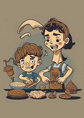 mother and son making cake