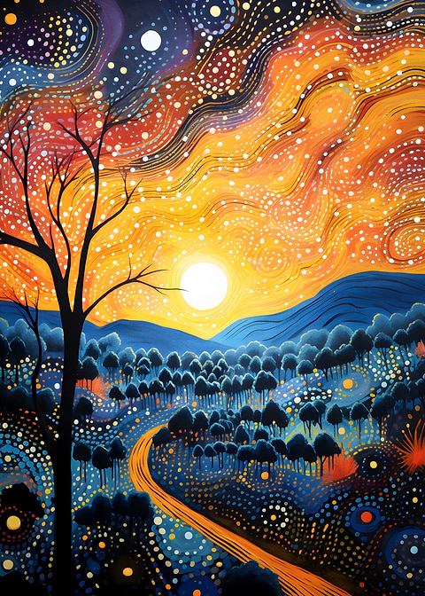Celestial Fusion — dot painting style metal print