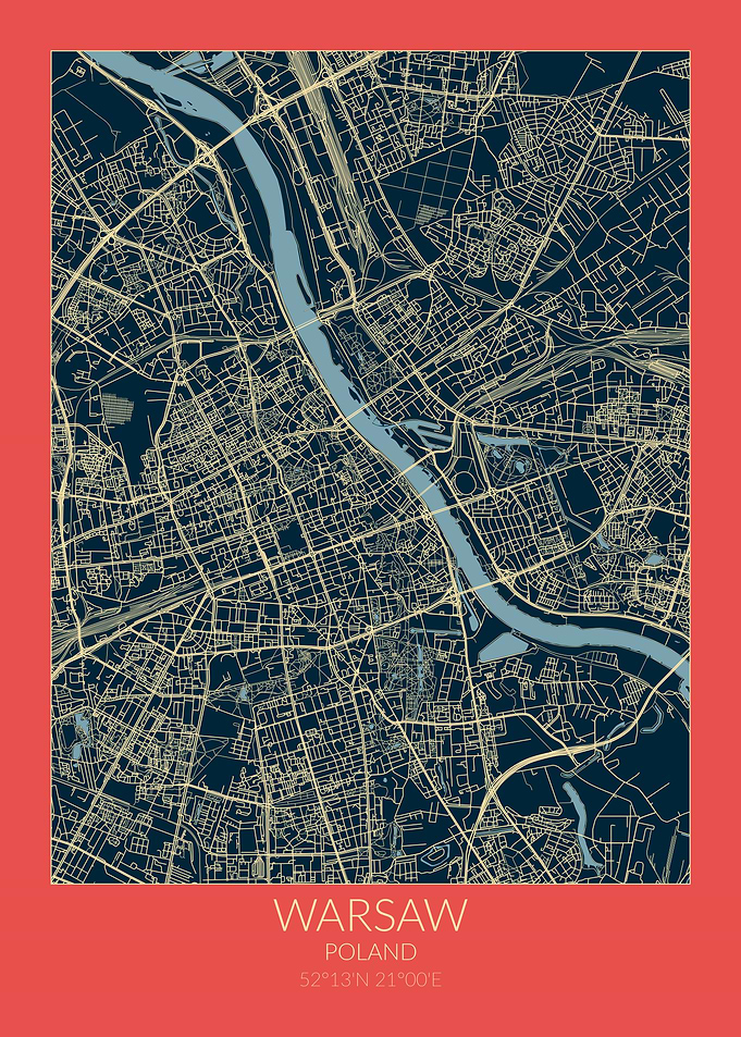 Warsaw Map Red Blue