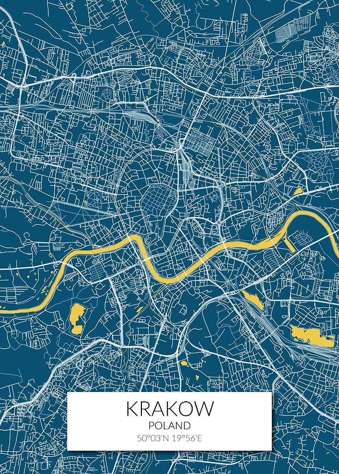 Krakow Map Blue Yellow