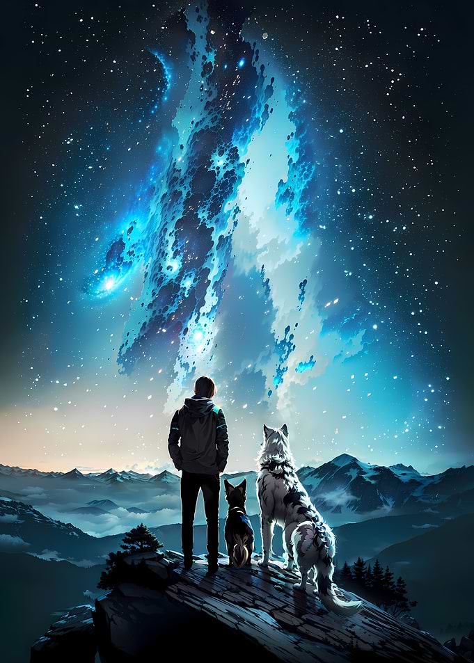 Man and Dogs Stargazing