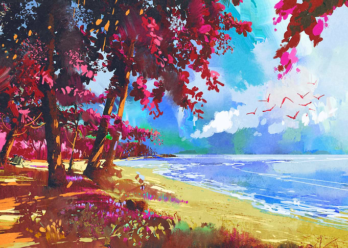 Pink trees on the beach