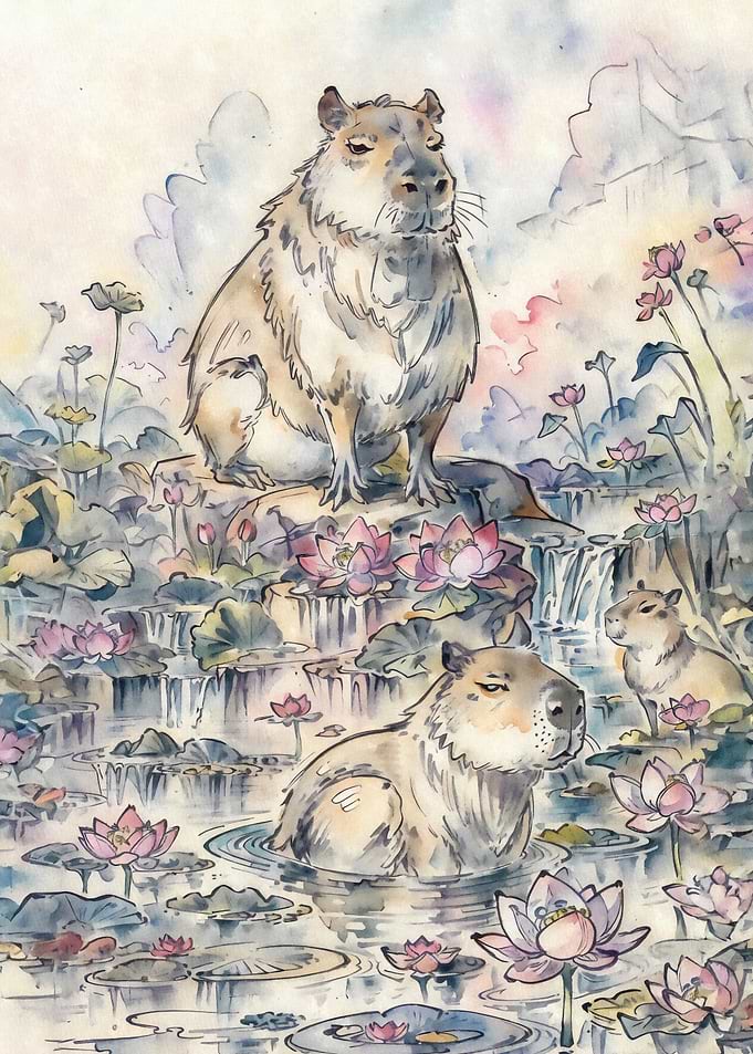 Capybaras rest in pond