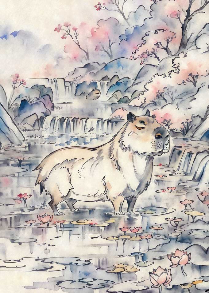 Capybara in lotus pond