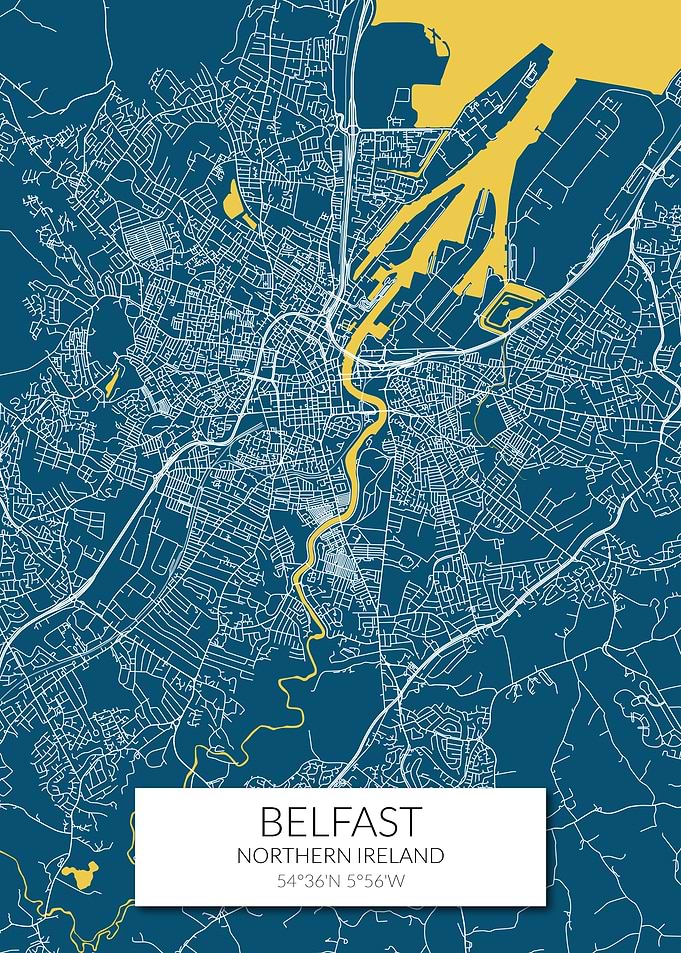 Belfast Map Blue Yellow