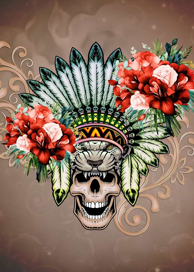 Skull with feather headdre