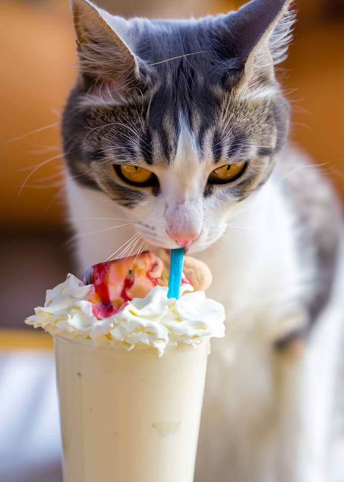 Cat drinking a milkshake