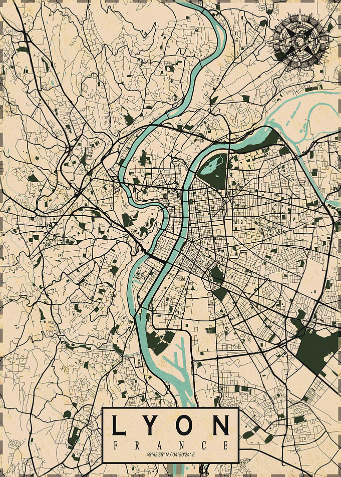 Lyon City Map Vintage