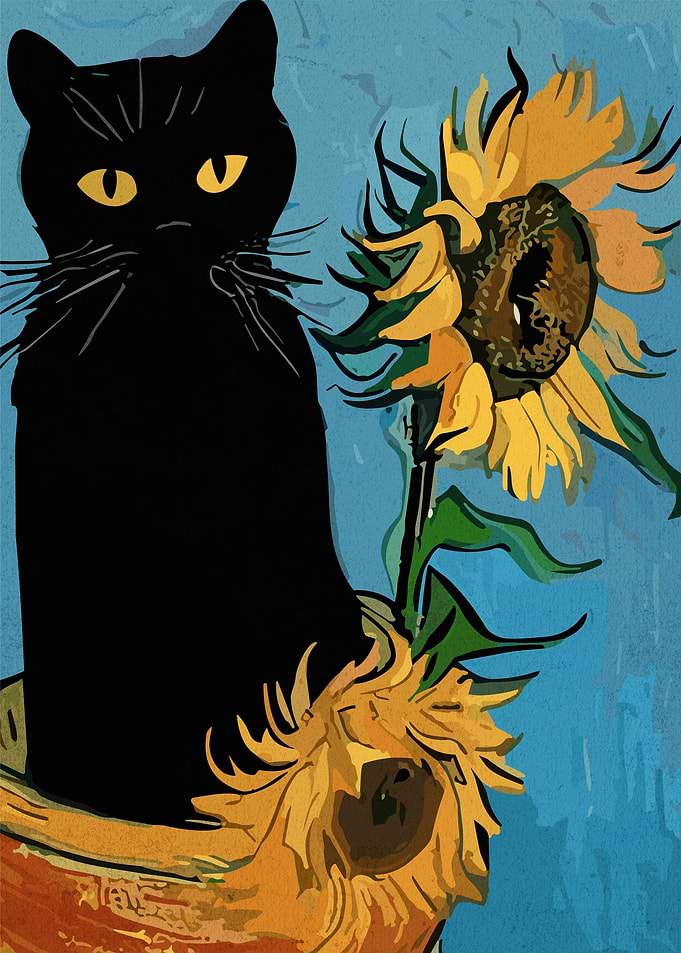 Sunflowers And A Black Cat