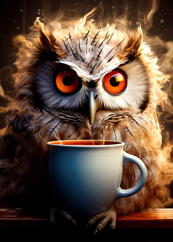 Funny Owl Drink Coffee