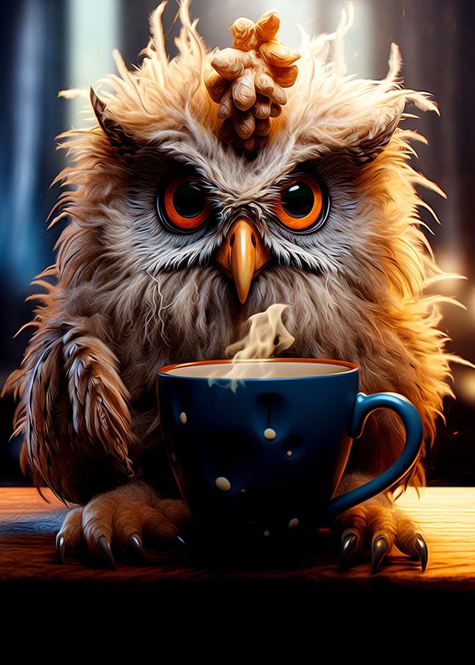 Funny Owl Drink Coffee