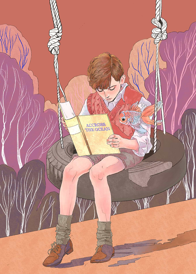 Reading boy in moonlight