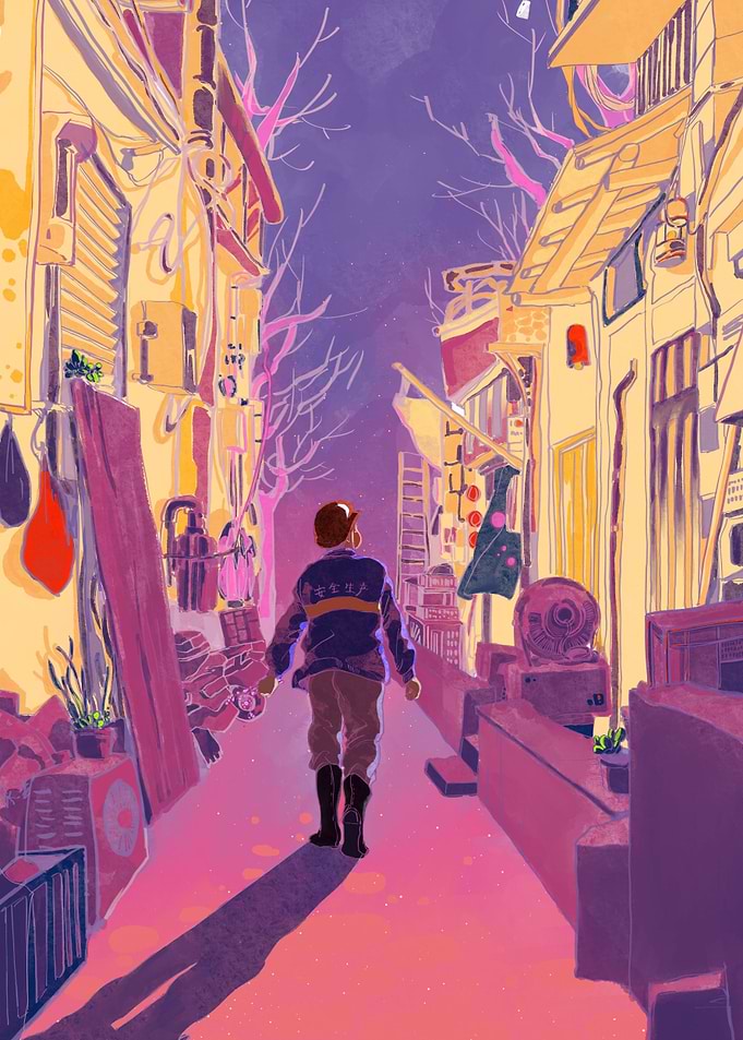 Walking worker at night