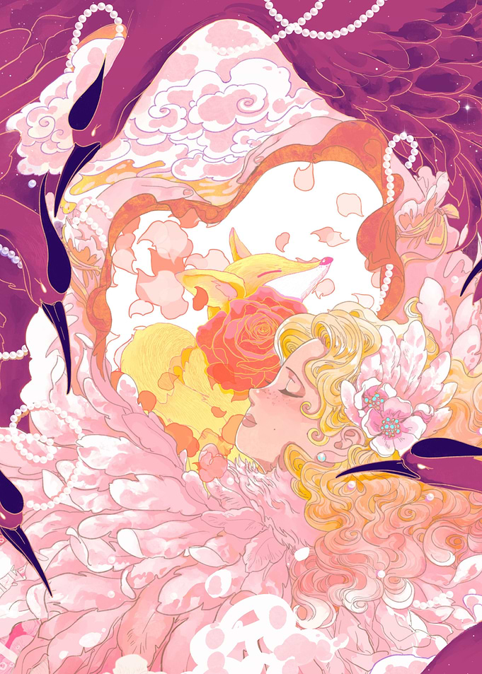 Blonde girl hugging a rose