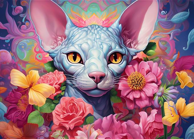 Cat in a Garden of Flowers