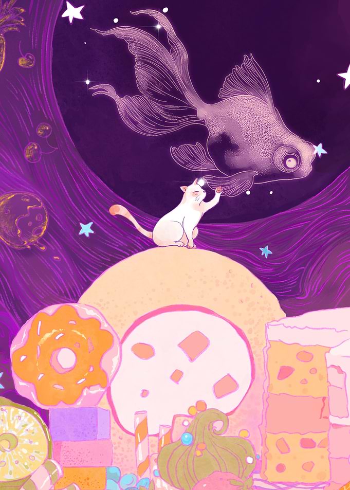 Cat catches goldfish