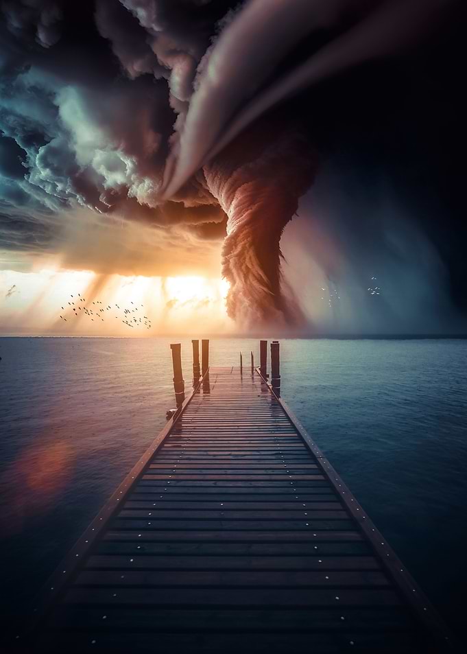 Tornado over ocean sunset