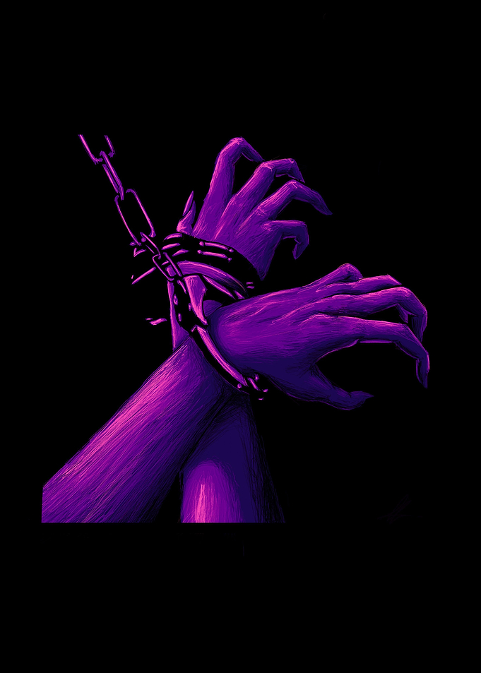 Purple handcuffed hands