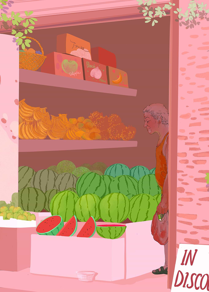 Grandpa in the fruit store