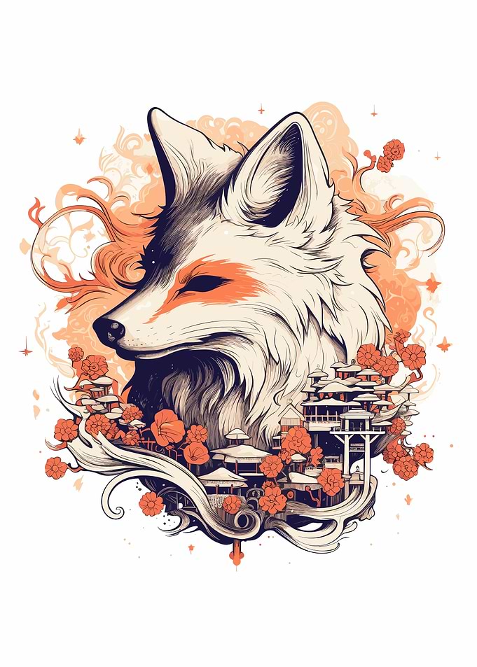 Kitsune Fox Mask Ink Wash