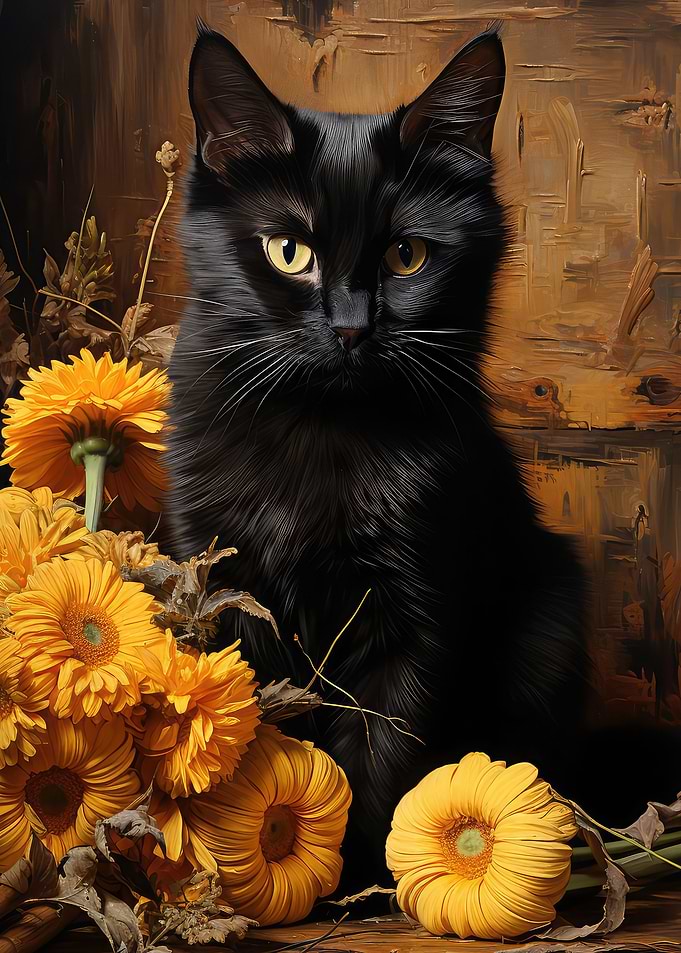 Black Cat and Flowers