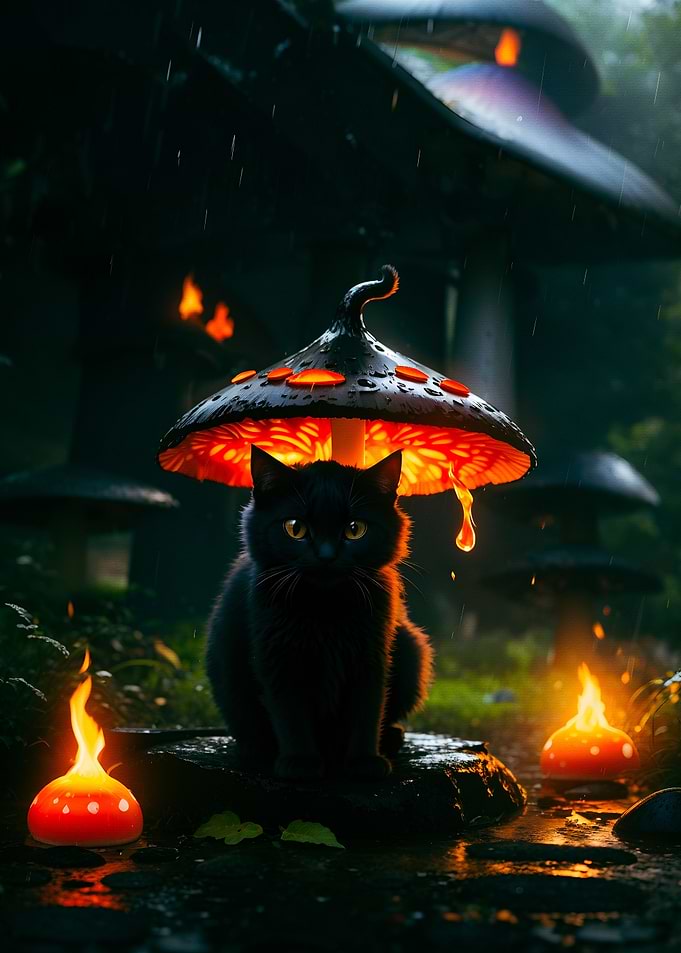 Blac cat and mushroom