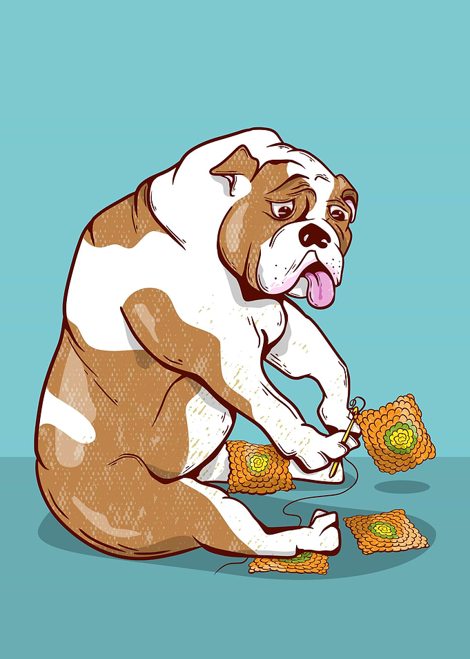 Bulldog doing crochet