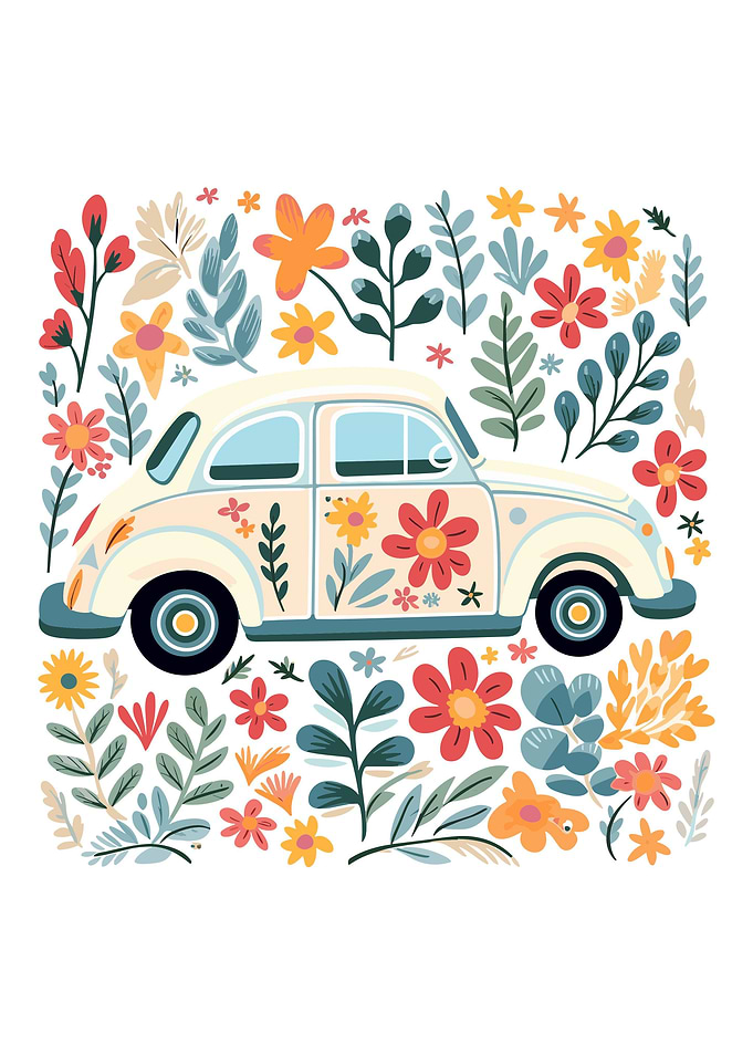 white retro car and floral