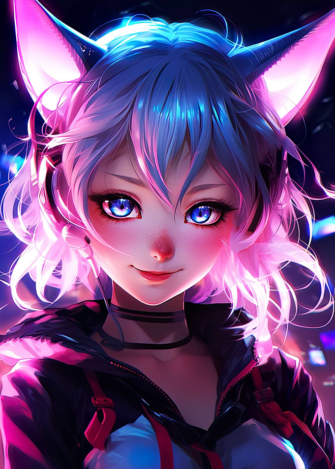 smile Catgirl Neon Anime