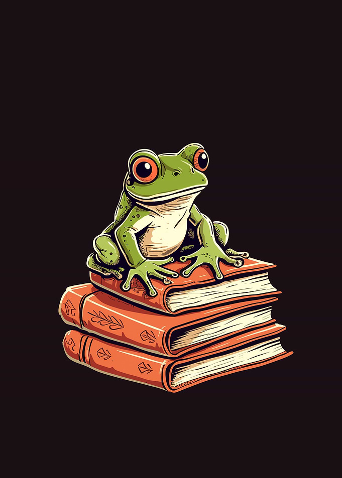 cute frog reading a book