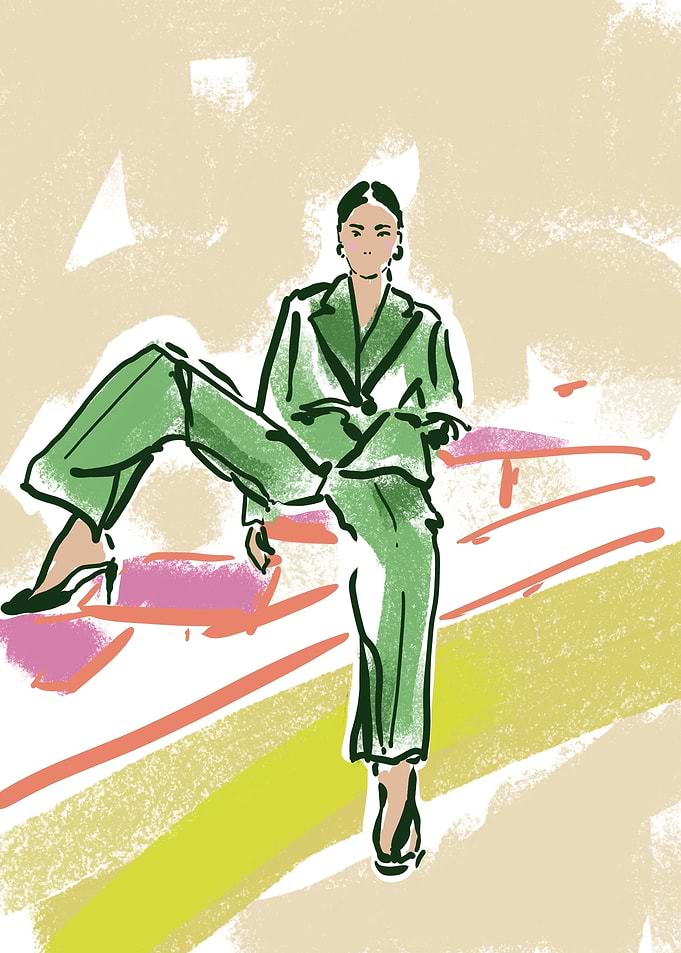 Relaxed Woman in green sui