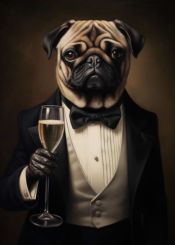 pug dog dressed in tuxedo